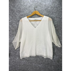 WHBM Blouse Womens XL White Sheer Dot Textured Overlay Top Flowy 3/4 Sleeve